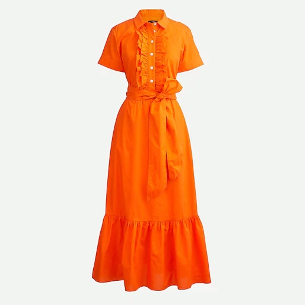 J. Crew Ruffle Front Midi Dress in Cotton Poplin Bright Persimmon Size 0